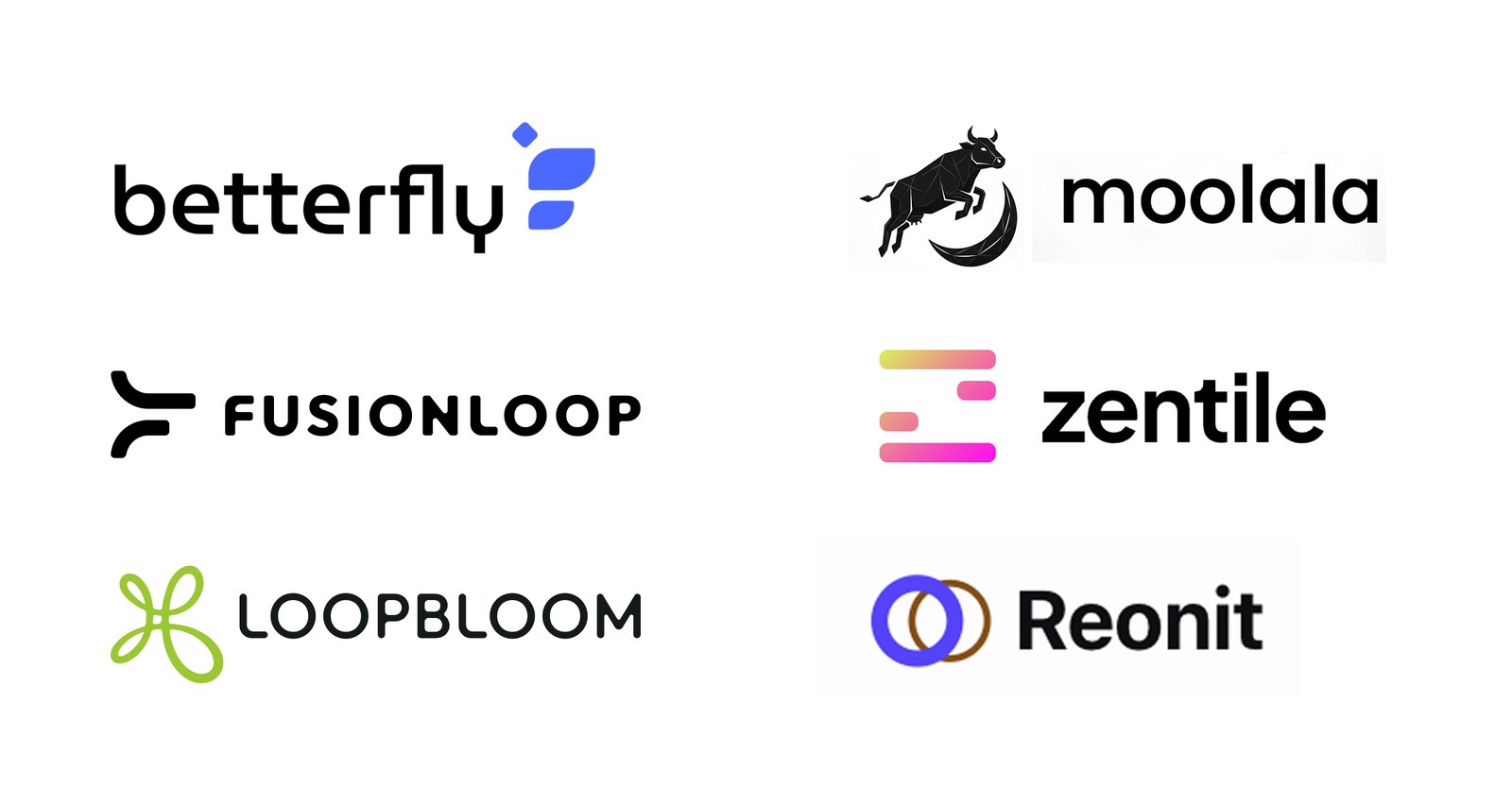 The 2026 brand logos in a grid: betterfly, moolala with a leaping cow, FusionLoop, zentile with its gradient bars, Loopbloom with its green looped mark and Reonit with two overlapping rings