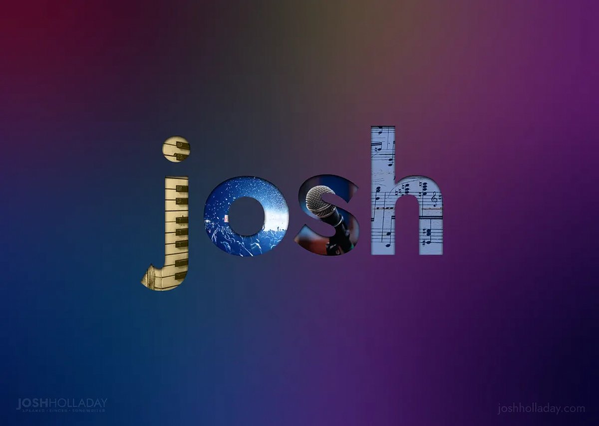 The word josh in lowercase letters filled with photos of piano keys, a concert crowd, a microphone and sheet music, on a blue and purple gradient