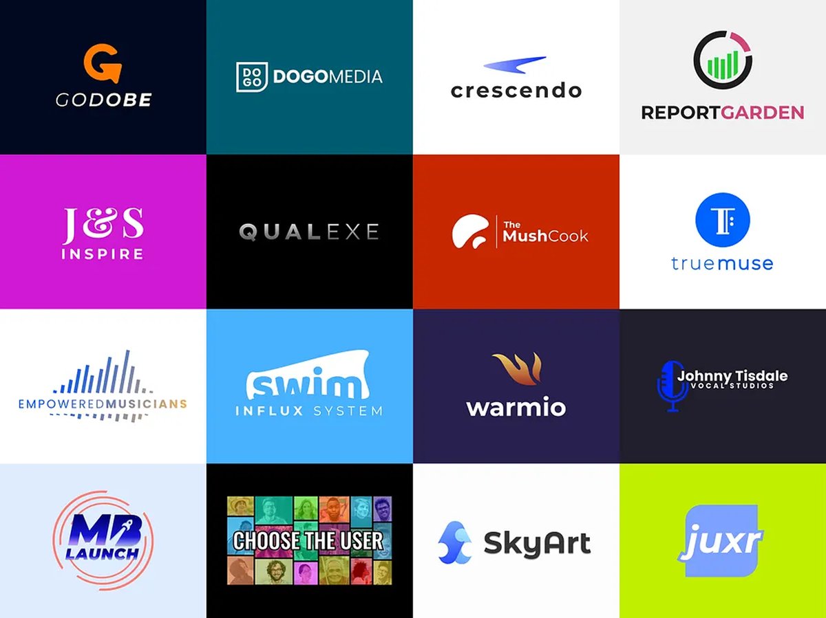 Sixteen logos on colored tiles, including Crescendo, Qualexe, Warmio, Swim Influx System and SkyArt