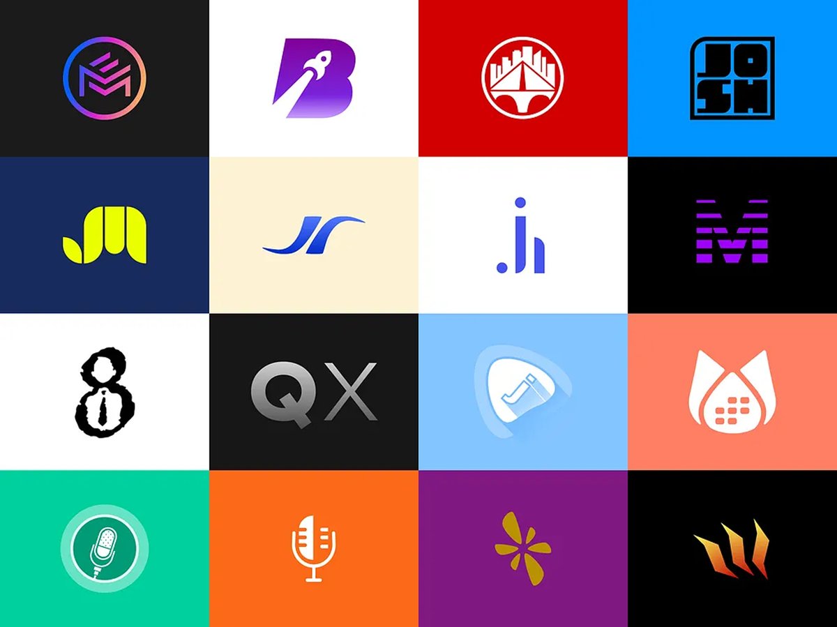 Sixteen logo marks on colored tiles, including a rocket B, a JH swoosh, a josh monogram and microphone icons