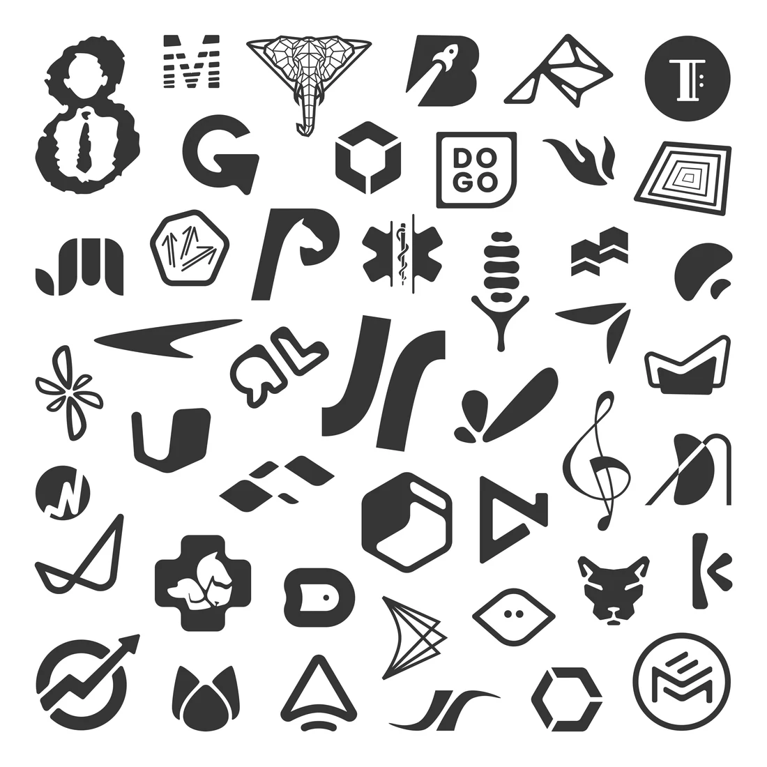 A sheet of about fifty one-color logo marks in dark grey on white, including an elephant head, a rocket B, a JR monogram, a medical cross with animals and a treble clef