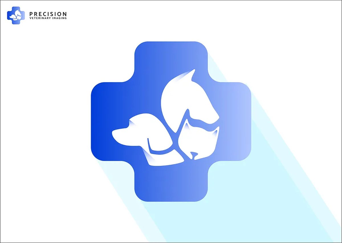 Precision Veterinary Imaging logo: a blue gradient medical cross containing white silhouettes of a dog, a cat and a horse