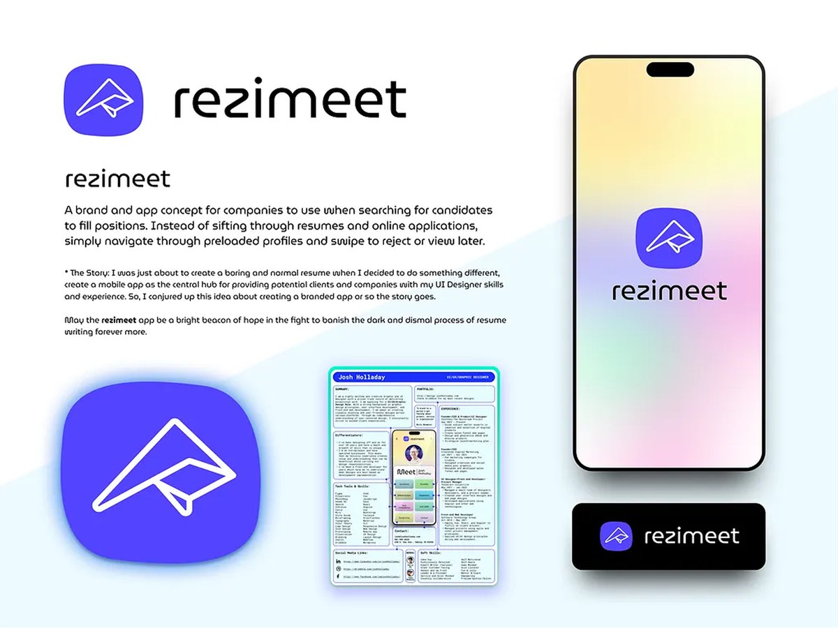 rezimeet brand board: a blue app icon of a folded paper plane, the wordmark, a phone splash screen and a one-page profile