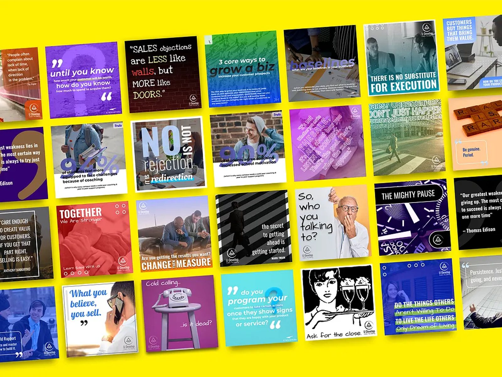 A wall of square social media post designs on a yellow background: quotes, tips and promotions in bold type and photos