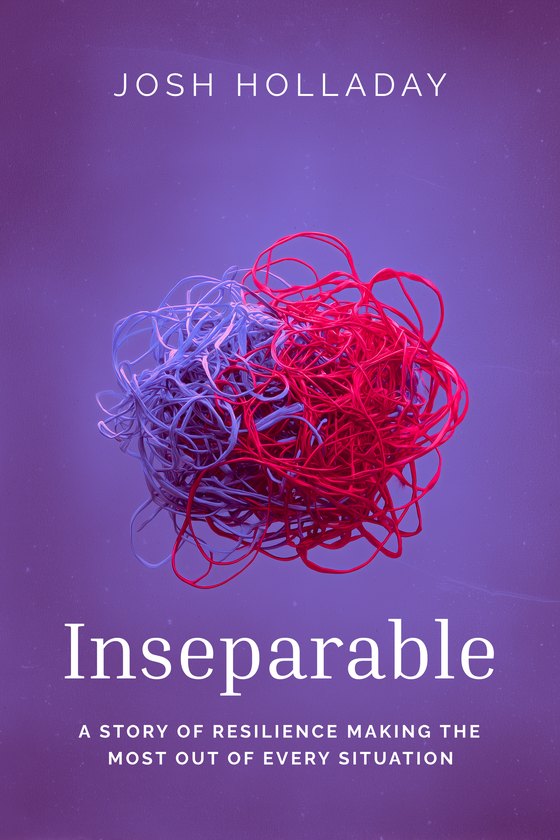 Book cover: Inseparable by Josh Holladay, a tangle of red and lavender threads floating on a purple background, title in white serif type