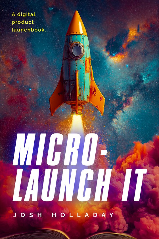 Book cover: Micro-Launch It by Josh Holladay, a teal and orange rocket launching through a colorful nebula, subtitle A digital product launchbook
