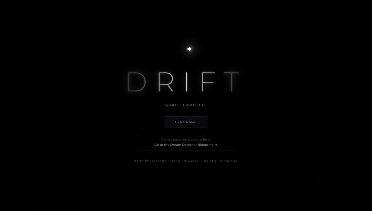Drift start screen: the word DRIFT in thin glowing letters on black with a small white orb above it and a Play Game button