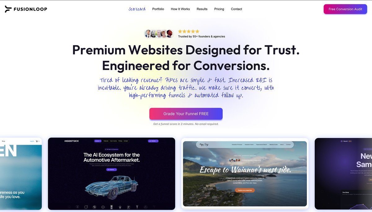 FusionLoop home page: the headline Premium Websites Designed for Trust, Engineered for Conversions, with a row of client site previews below