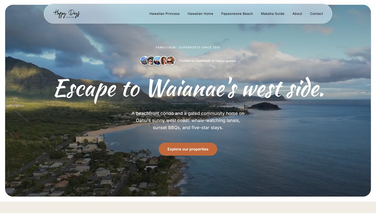 Happy Days Vacations home page: Escape to Waianae's west side over an aerial view of a Hawaiian coastline