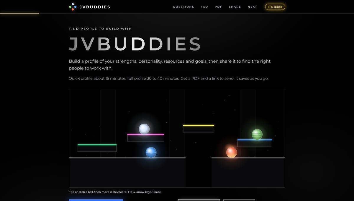 JVBuddies home page: the word JVBUDDIES in wide grey letters on black, above a game board with four glowing colored balls