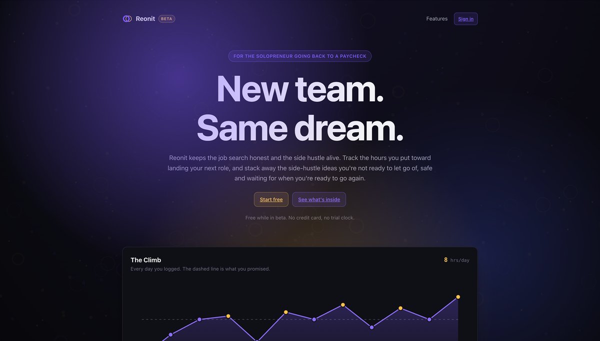 Reonit home page: New team. Same dream. in large lavender type on a deep purple background, above a line chart called The Climb