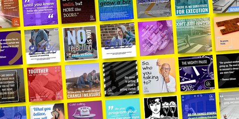 A wall of colorful square social post designs on yellow